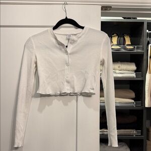 TNA White Cropped Waffle Henley Long Sleeve Top